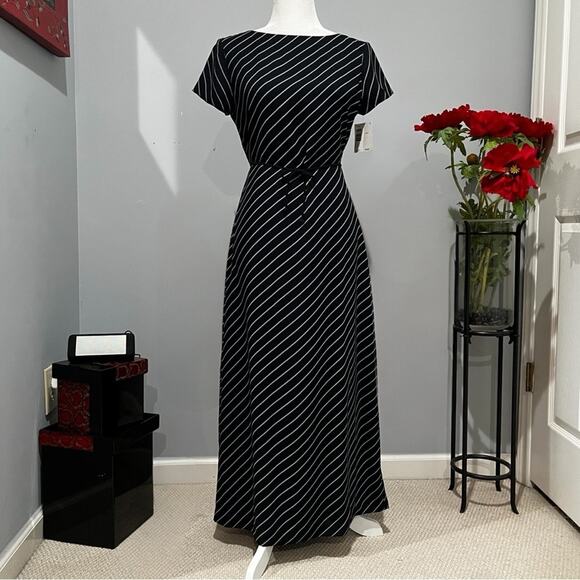 NEW Liz Claiborne Classic Longline Bias Striped Tie Waist Full Draped Maxi Dress - Picture 1 of 16